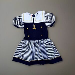 Vintage Tulip Sailor Dress Navy Blue White Gold Girl’s Size 5 EUC Like New 90s